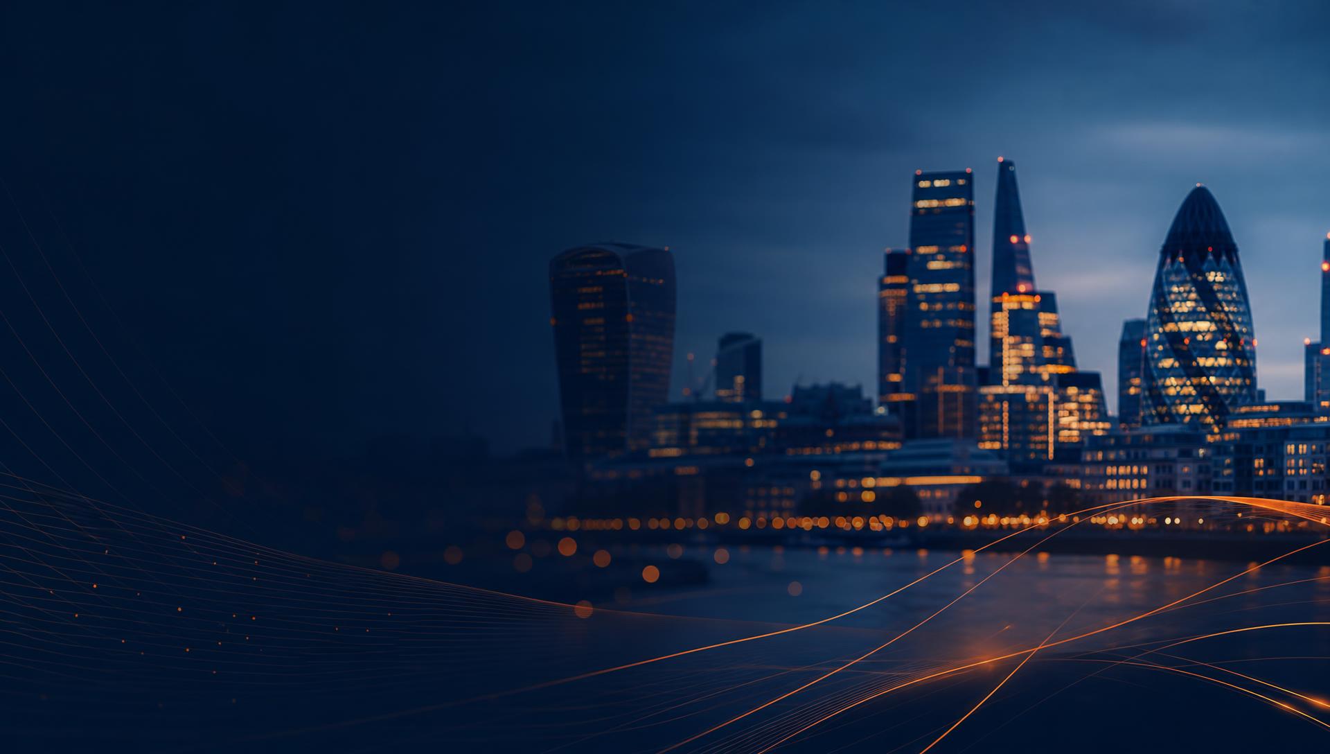 London financial district skyline at dusk