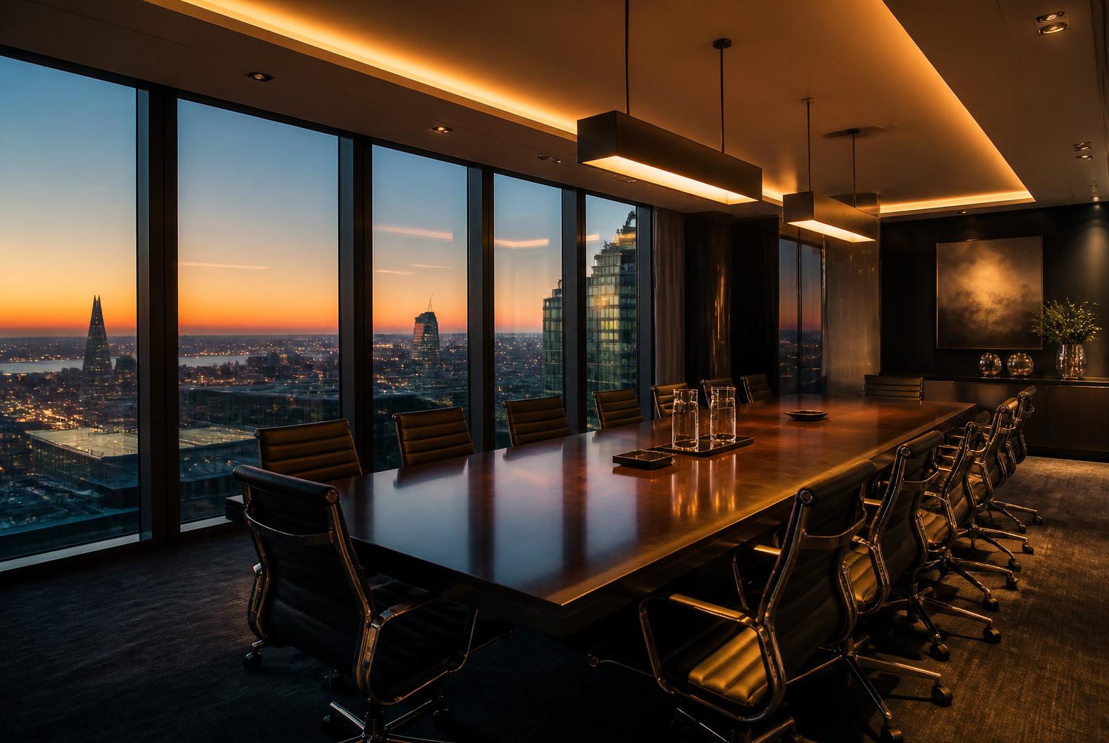London boardroom overlooking the city at dusk